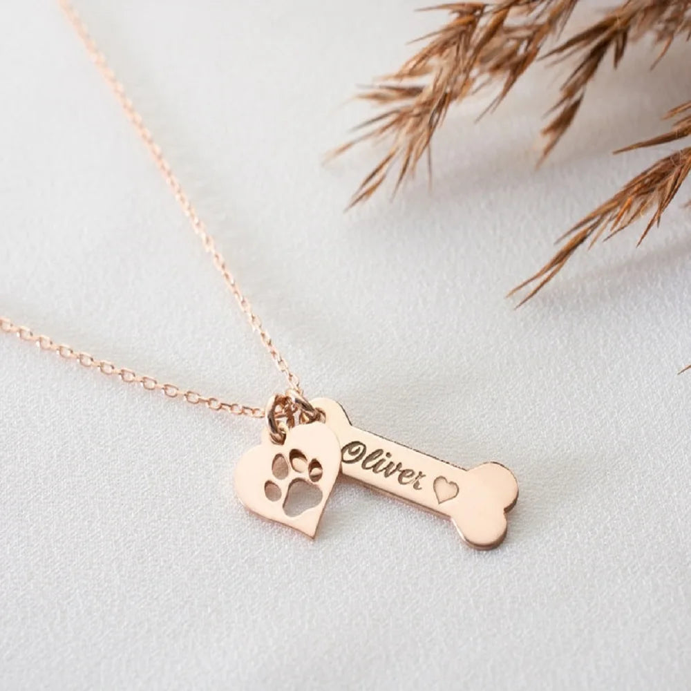 Personalized Dog Bone And Paws Necklace