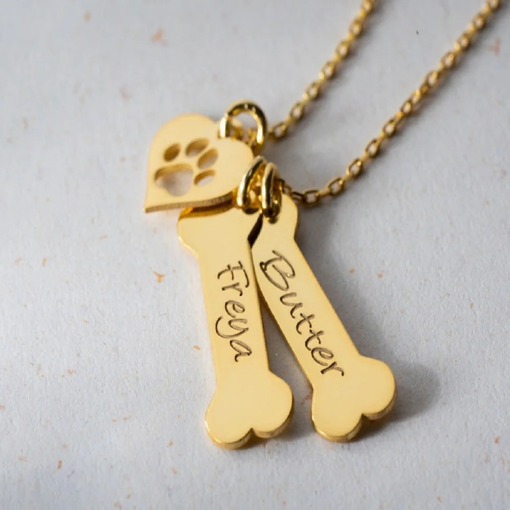 Personalized Dog Bone And Paws Necklace